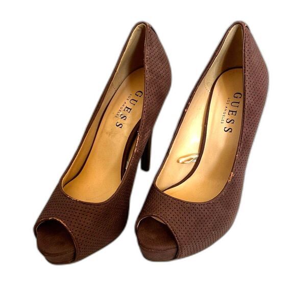 Guess Los Angeles Peep Toe Pink/Brown Preforated Pumps - Women 5.5 - Picture 1 of 8